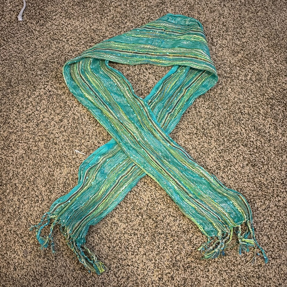 Multi color scarf top. Blue green silver scarf with tassels.